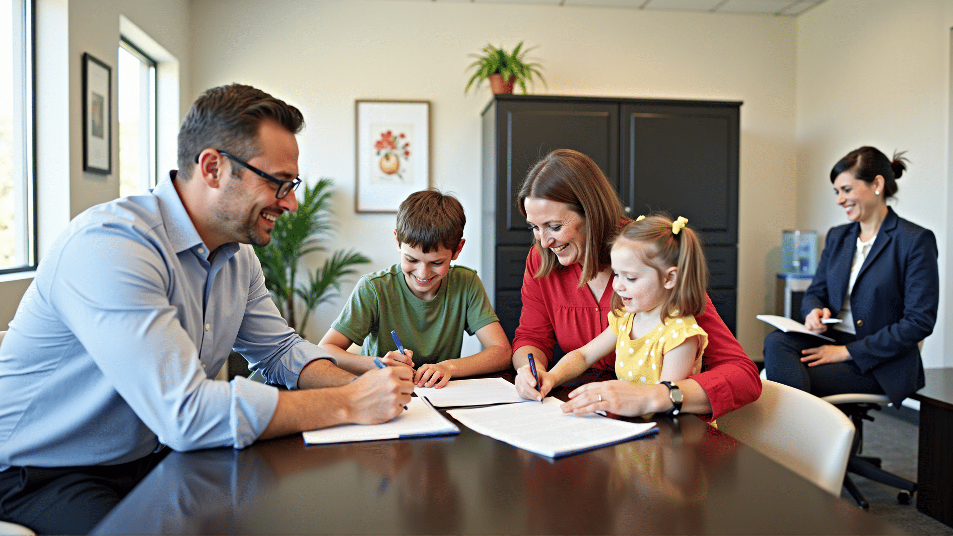 Family signing insurance papers